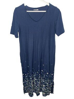 J Jill Pure Jill Blue Maxi Dress Small Floral Border T-Shirt Lounge Knit